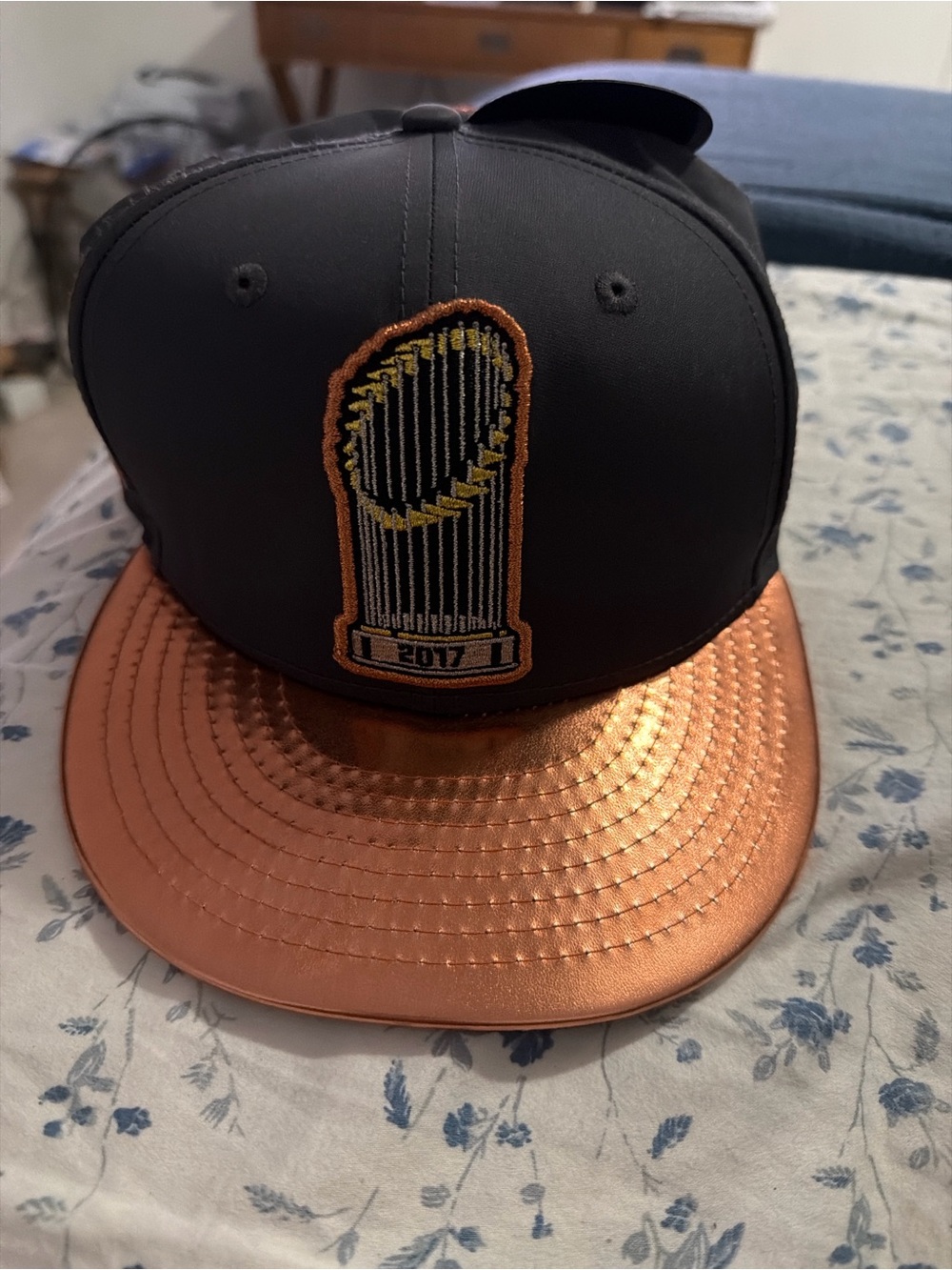 Astros Black Hat with Copper Brim and Embroidered Trophy Patch